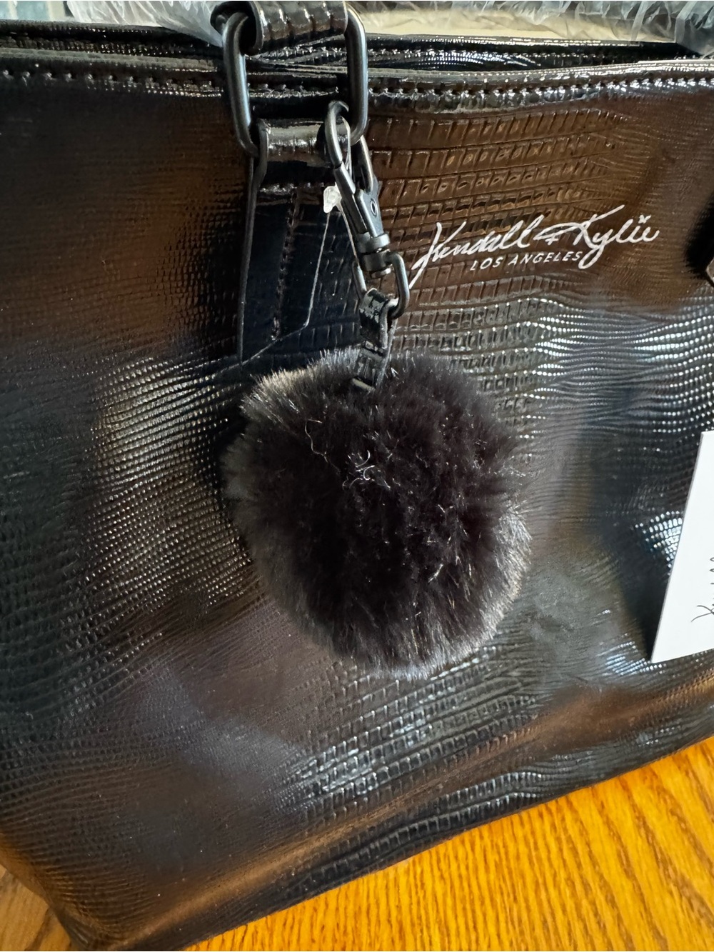 Kendall & Kylie Black Faux Croc Tote with Black Fur Pom